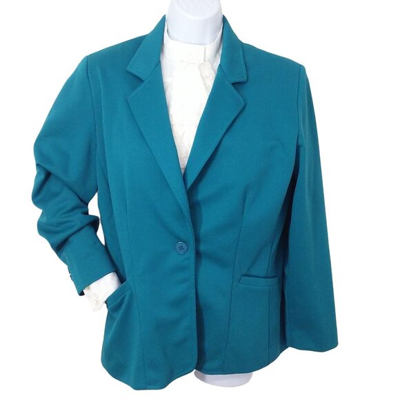 Vintage 2pc Set Graff Polyester Leisure Suit Blazer Comfort Pant -L Pockets Teal - Picture 6 of 10